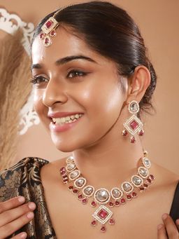 Aatmana - Gold Plated Pink Kundan Studded and Beaded Jewellery Set with Maangtikka