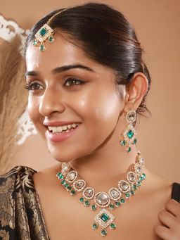Aatmana - Gold Plated Green Kundan Studded and Beaded Jewellery Set with Maangtikka