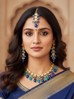 LUCKY JEWELLERY - Turquoise and Blue 18K Gold Plating Back Meenakari Kundan Jewellery Set