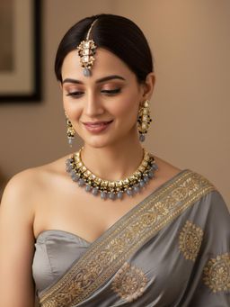 LUCKY JEWELLERY - Grey 18K Gold Plating Back Meenakari Kundan Jewellery Set