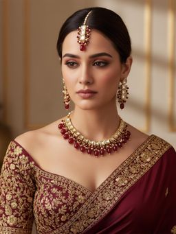 LUCKY JEWELLERY - Maroon 18K Gold Plating Back Meenakari Kundan Jewellery Set