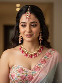 LUCKY JEWELLERY - Magenta and Pink 18K Gold Plating Back Meenakari Kundan Jewellery Set