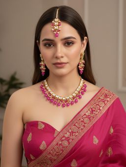 LUCKY JEWELLERY - Magenta 18K Gold Plating Back Meenakari Kundan Jewellery Set