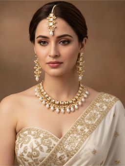 LUCKY JEWELLERY - White 18K Gold Plating Back Meenakari Kundan Jewellery Set