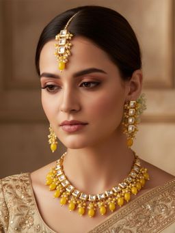 LUCKY JEWELLERY - Yellow 18K Gold Plating Back Meenakari Kundan Jewellery Set