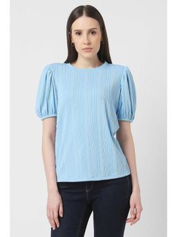 Van Heusen - Women Blue Textured Casual Round Neck Circular Knit Top