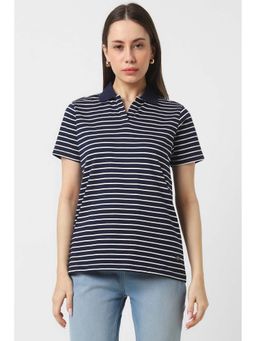 Van Heusen - Women Navy Stripe Casual Polo Neck T-Shirt