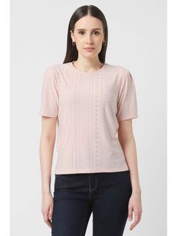 Van Heusen - Women Pink Embroidered Casual Round Neck Circular Knit Top