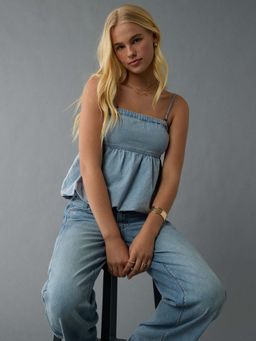American Eagle - Women Blue Denim Bubble Tube Top