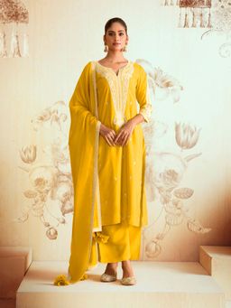 Shaily - Women's Yellow Silk Blend Embroidered Yoke Kurta with Palazzo and Dupatta (Set of 3)