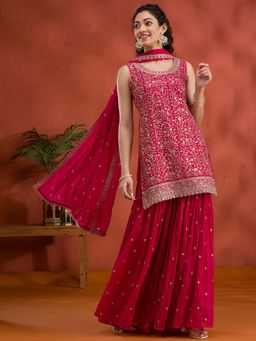 Koskii - Rani Pink Silver Zari Work Georgette Readymade Kurta with Sharara & Dupatta (Set of 3)