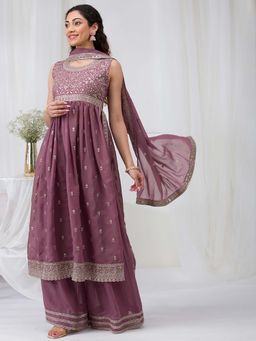 Koskii - Mauve Silver Zari Work Georgette Readymade Kurta with Sharara & Dupatta (Set of 3)