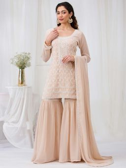 Koskii - Beige Thread Work Georgette Readymade Kurta with Sharara & Dupatta (Set of 3)