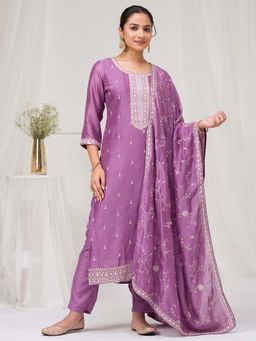 Koskii - Lavender Sequins Raw Silk Readymade Kurta with Pant & Dupatta (Set of 3)