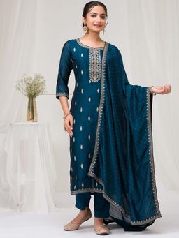 Koskii - Teal Sequins Raw Silk Readymade Kurta with Pant & Dupatta (Set of 3)