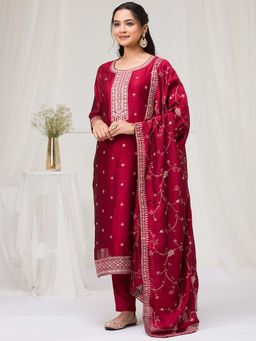 Koskii - Maroon Sequins Raw Silk Readymade Kurta with Pant & Dupatta (Set of 3)