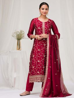 Koskii - Maroon Thread Work Raw Silk Readymade Kurta with Pant & Dupatta (Set of 3)