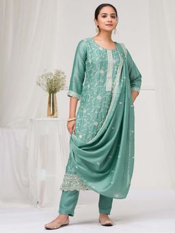 Koskii - Sea Green Thread Work Raw Silk Readymade Kurta with Pant & Dupatta (Set of 3)