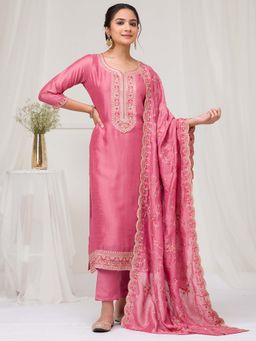 Koskii - Onion Pink Thread Work Raw Silk Readymade Kurta with Pant & Dupatta (Set of 3)