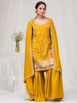 Koskii - Mustard Zari Work Raw Silk Readymade Kurta with Sharara & Dupatta (Set of 3)