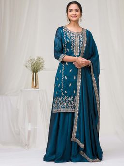 Koskii - Teal Thread Work Raw Silk Readymade Kurta with Palazzo & Dupatta (Set of 3)