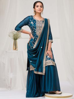 Koskii - Teal Zari Work Raw Silk Readymade Kurta with Sharara & Dupatta (Set of 3)