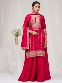 Koskii - Rani Pink Zari Work Raw Silk Readymade Kurta with Palazzo & Dupatta (Set of 3)