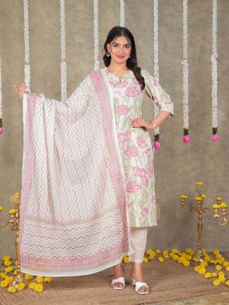ARAMYA - White Linen Cotton Straight Floral Print Kurta & Pant with Dupatta (Set of 3)