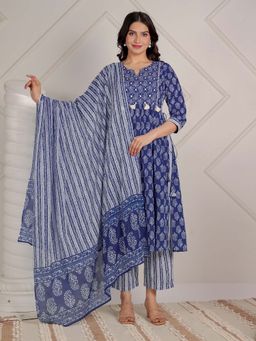 ARAMYA - Blue Soft Cotton Butti Print Kurta & Pant with Dupatta (Set of 3)