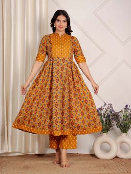 ARAMYA - Mustard Soft Cotton Panelled Ikat Print Anarkali Kurta with Pant For Women (Set of 2)