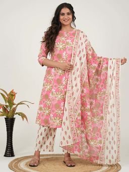 ARAMYA - Pink Soft Cotton Floral Print Kurta & Pant with Dupatta (Set of 3)