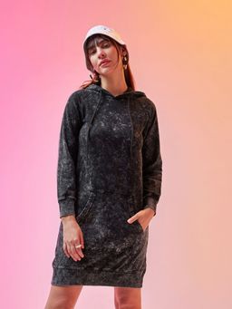 Bewakoof - Women's Black Acid Wash Hoodie Dress
