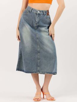 Outzidr - Blue Midi Solid Regular Fit Skirt