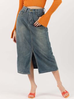 Outzidr - Blue Midi Solid Regular Fit Skirt