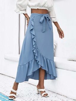 Outzidr - Blue Maxi Solid Flared Fit Skirt