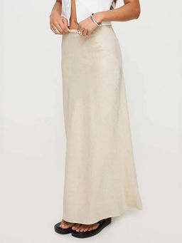 Outzidr - Cream Midi Solid Straight Fit Skirt