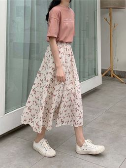 Outzidr - Beige Midi Printed Flared Fit Skirt