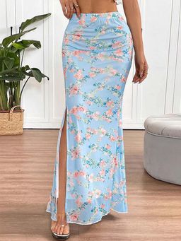 Outzidr - Blue Maxi Floral Flared Fit Skirt