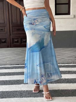 Outzidr - Blue Maxi Printed Flared Fit Skirt