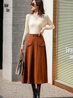 Outzidr - Brown Midi Solid Flared Fit Skirt