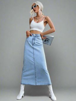 Outzidr - Blue Midi Solid Relaxed Fit Skirt