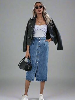 Outzidr - Blue Midi Solid Slim Fit Skirt