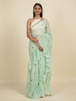 Suta - Sea Green Heart Block Printed Ruffle Saree
