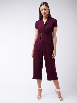 Miss Chase - Women's Eggplant Purple Shawl Collar Straight Leg Regular Jumpsuit