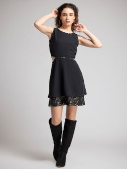 SHAYE - Round Neck Black & Gold Solid Sleeveless Party Dress for Women