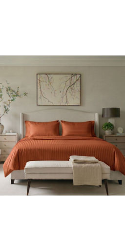 the White Moss - Rust 220TC Cotton Striped Satin Bedsheet with 2 Pillow Covers (King)