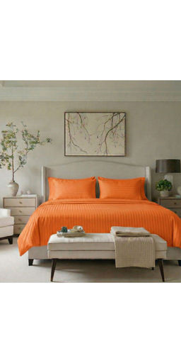 the White Moss - Tangerine Orange 220TC Cotton Striped Satin Bedsheet with 2 Pillow Covers (King)