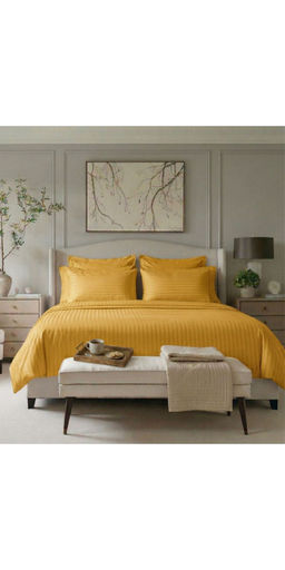 the White Moss - Yellow 220TC Cotton Striped Satin Bedsheet with 2 Pillow Covers (King)