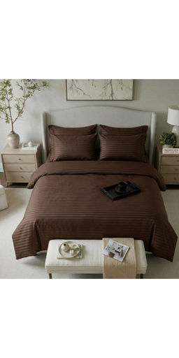 the White Moss - Chocolate Brown 220TC Cotton Striped Satin Bedsheet with 2 Pillow Covers (King)
