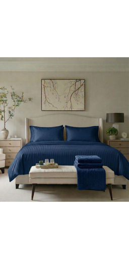 the White Moss - Navy Blue 220TC Cotton Striped Satin Bedsheet with 2 Pillow Covers (King)